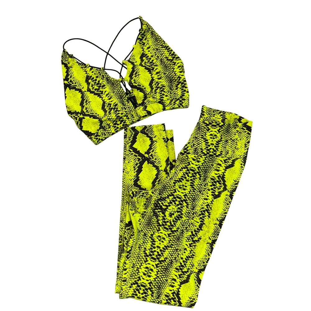 Beach Riot Sport Neon Yellow Snake Python Print High Waist Leggings & Bra Set M